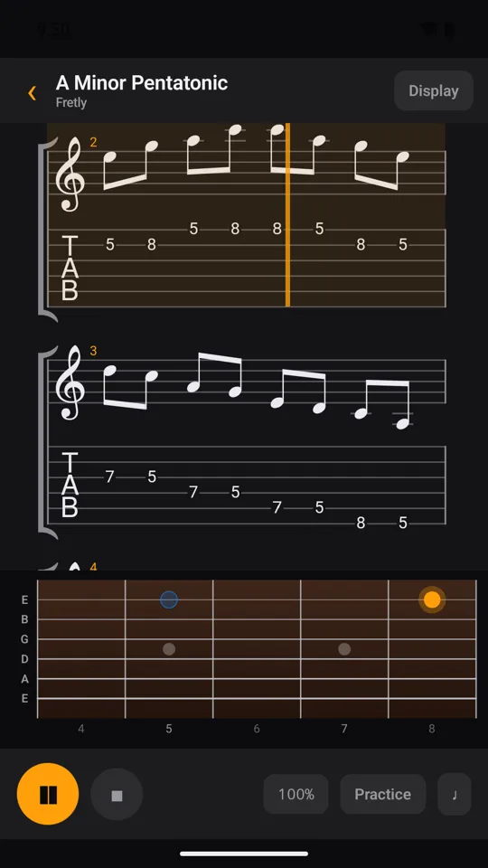 Fretly playing an A minor pentatonic tab, with the current note highlighted on a fretboard below the tab