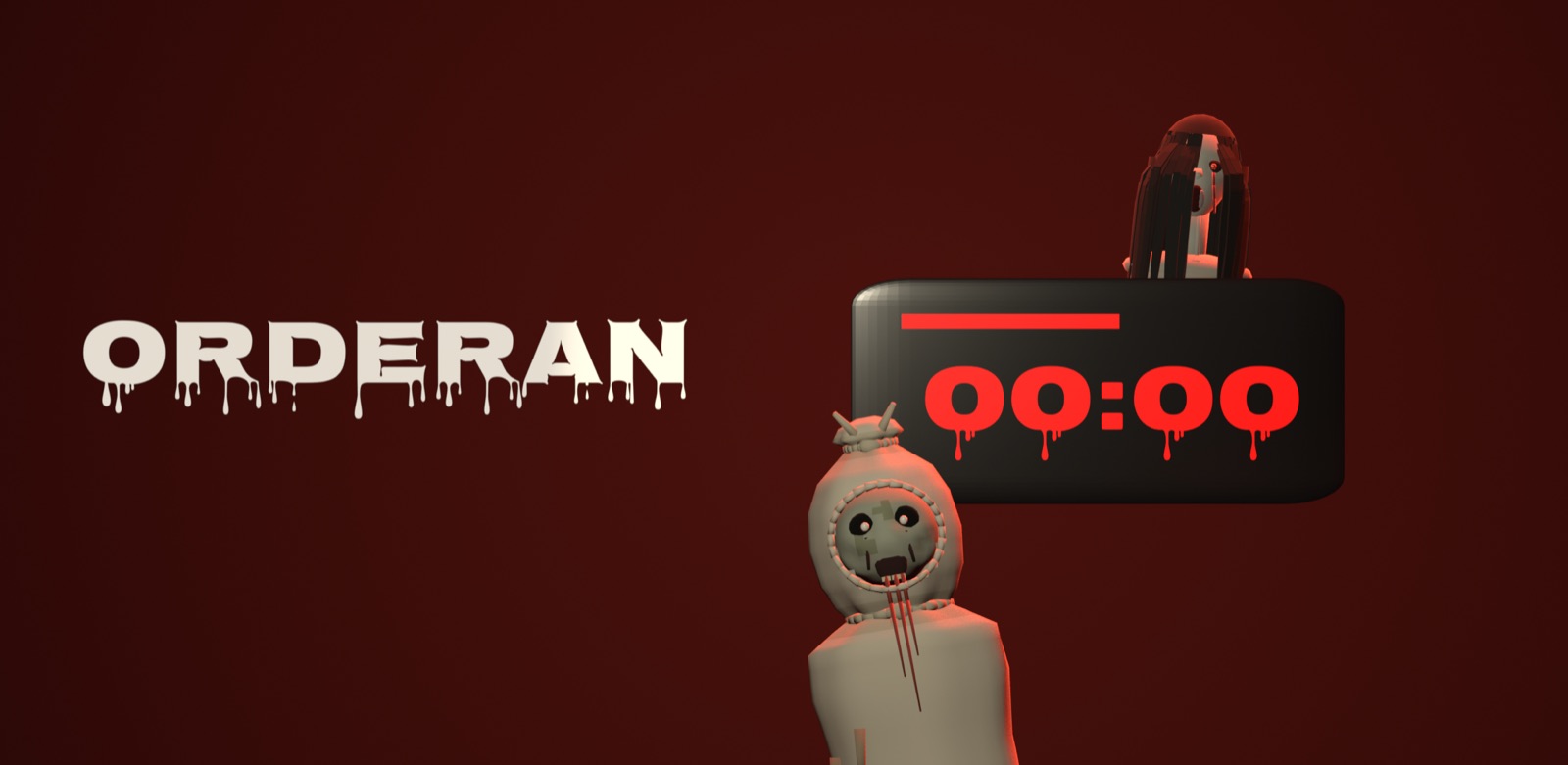 Orderan 00:00: a glowing red 00:00 clock with a kuntilanak and a pocong